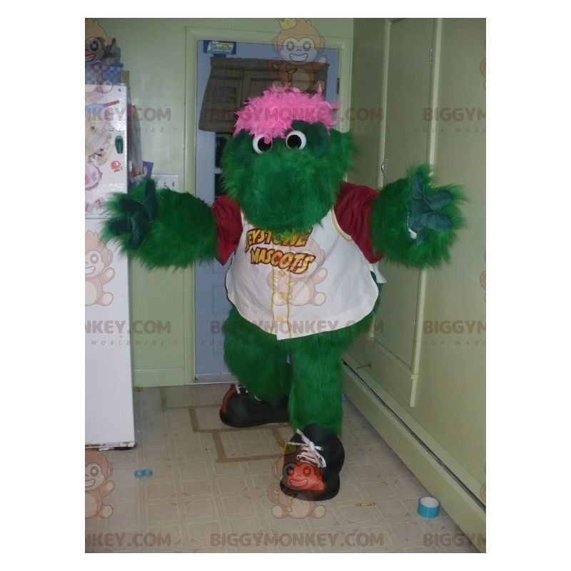 Traje de mascote BIGGYMONKEY™ de crocodilo peludo verde e rosa