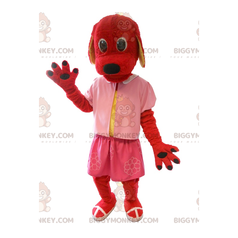 Punaisen koiran BIGGYMONKEY™ maskottiasu, joka on pukeutunut