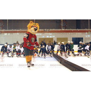 BIGGYMONKEY™ oranje beer mascotte kostuum in hockey outfit -