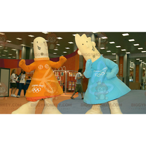2 BIGGYMONKEY™s pige- og drengemaskotter i orange og blåt tøj -