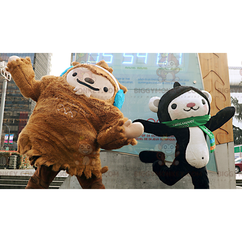 2 BIGGYMONKEY™s mascot a brown yeti and a black and white