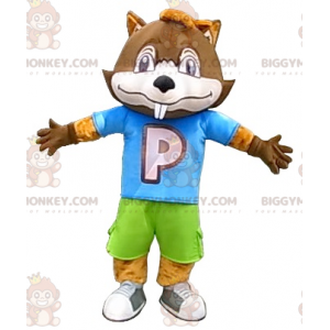 Costume de mascotte BIGGYMONKEY™ de gros castor marron en tenue