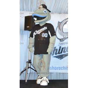 Very Smiling Gray and Blue Fish BIGGYMONKEY™ Mascot Costume -