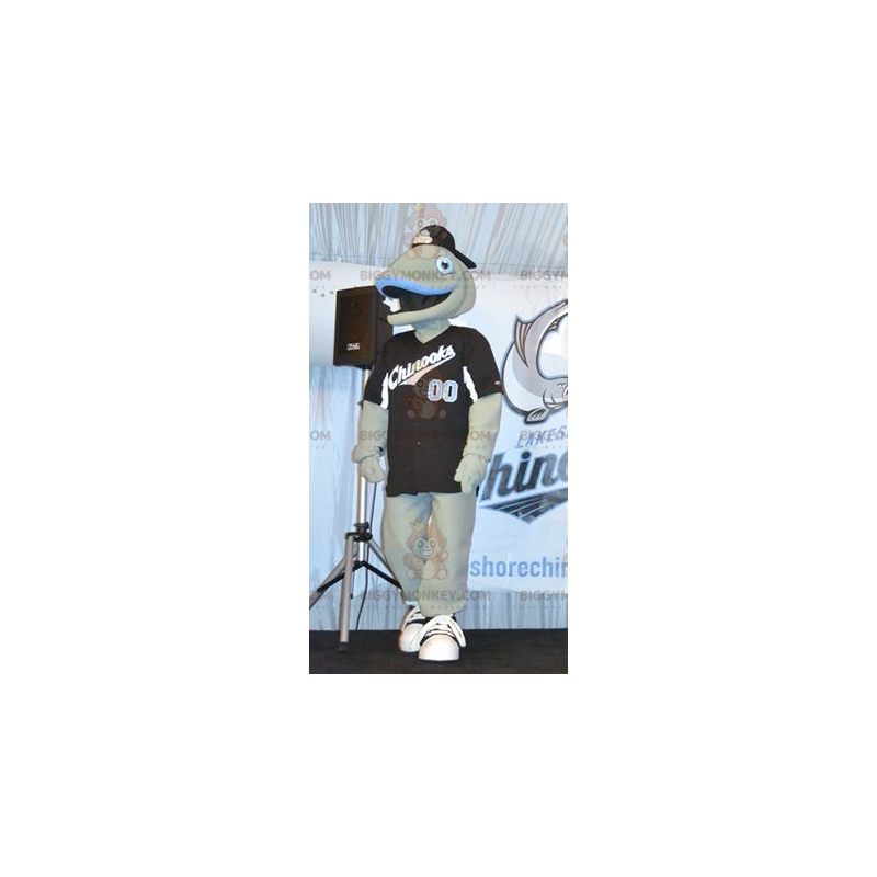 Very Smiling Gray and Blue Fish BIGGYMONKEY™ Mascot Costume –