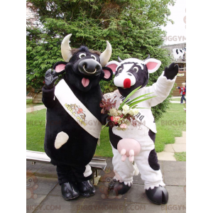 2 BIGGYMONKEY™s mascot a black bull and a black and white cow -