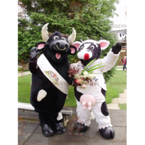 2 BIGGYMONKEY™s mascot a black bull and a black and white cow –