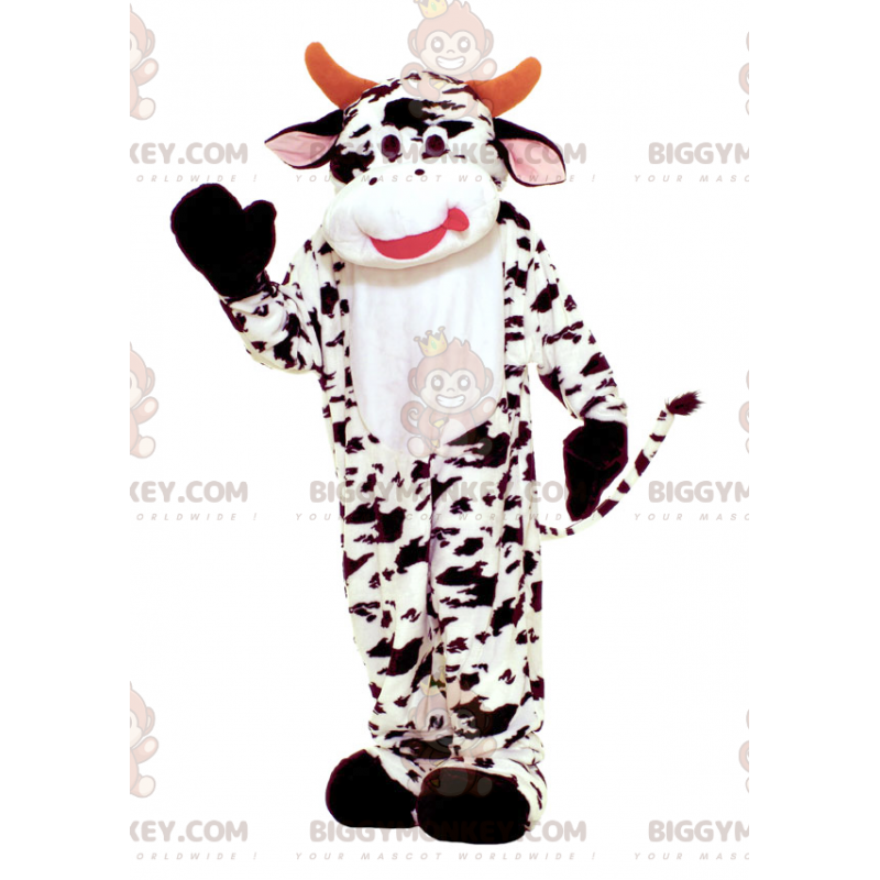 Traje de mascote BIGGYMONKEY™ de vaca branca manchada preta –