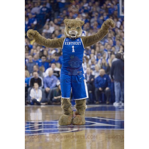 BIGGYMONKEY™ Brown Cat Tiger Mascot Costume In Blue Sportswear