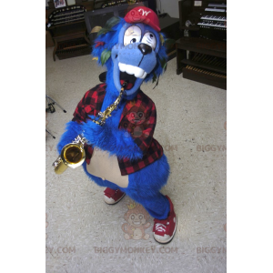 Crazy Blue Dog BIGGYMONKEY™ maskotdräkt med rutig skjorta -