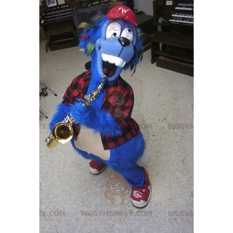 Crazy Blue Dog BIGGYMONKEY™ Mascot Costume With Plaid Shirt -