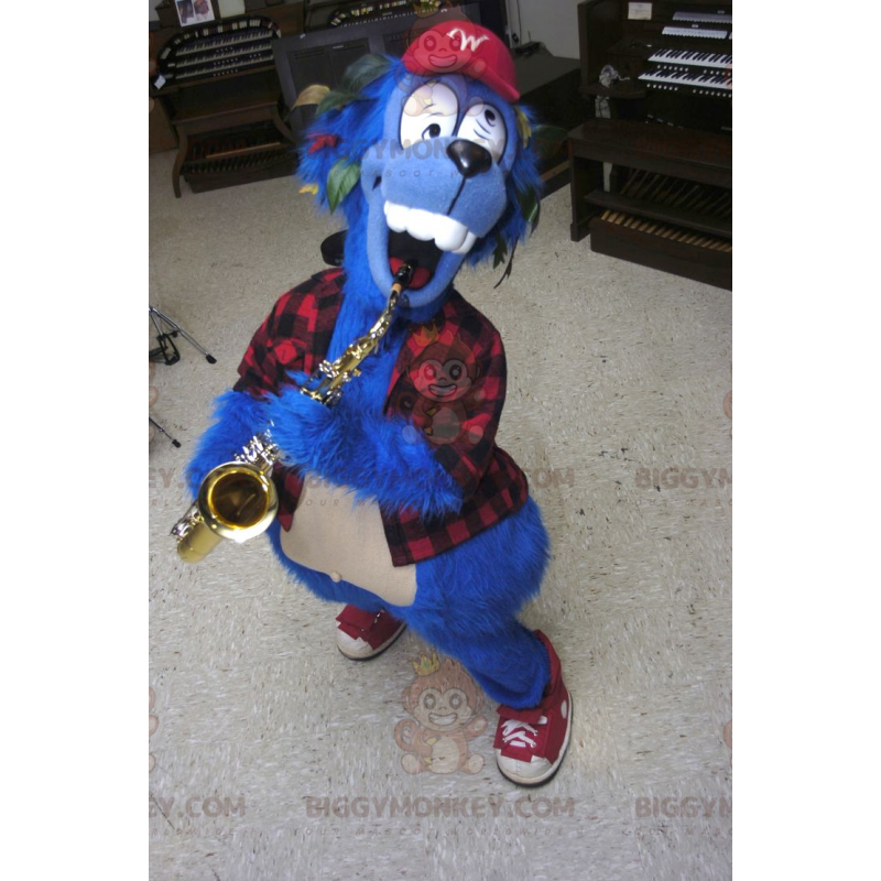 Crazy Blue Dog BIGGYMONKEY™ mascottekostuum met geruit overhemd