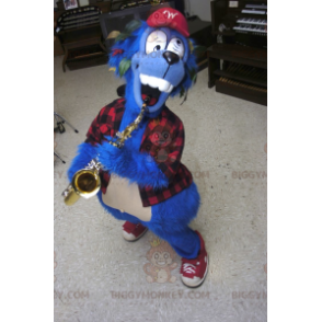 Crazy Blue Dog BIGGYMONKEY™ Mascot Costume With Plaid Shirt -