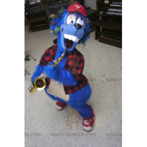 Crazy Blue Dog BIGGYMONKEY™ mascottekostuum met geruit overhemd