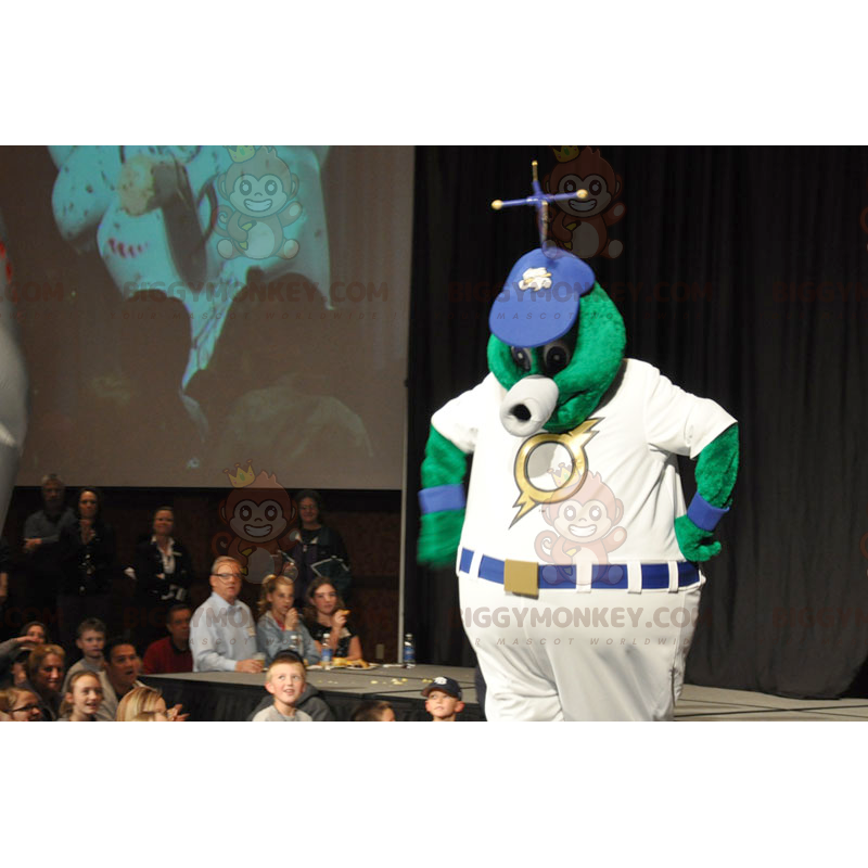 Fat Green Alien BIGGYMONKEY™ maskotdräkt i vit outfit -