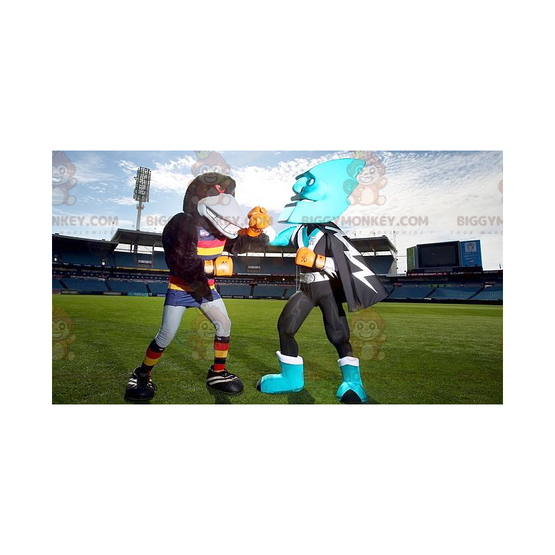 BIGGYMONKEY™s mascot a black raven and an all blue superhero -