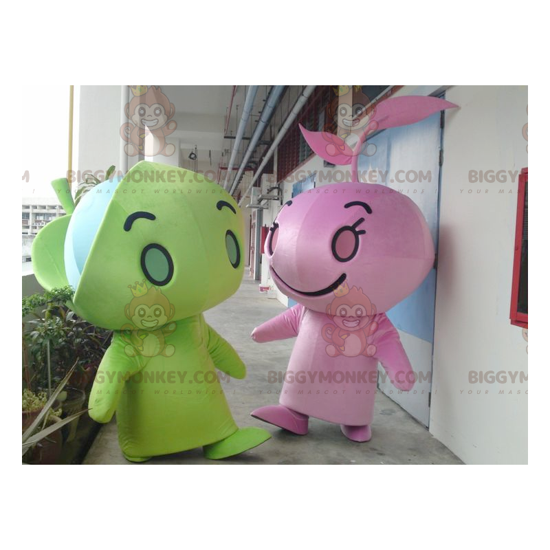 2 maskoti BIGGYMONKEY™ s obřími zelenými a růžovými muži –