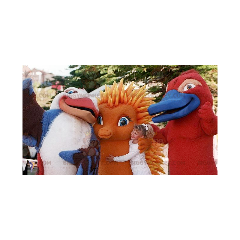 3 BIGGYMONKEY's mascotte een vogel, een oranje egel en een