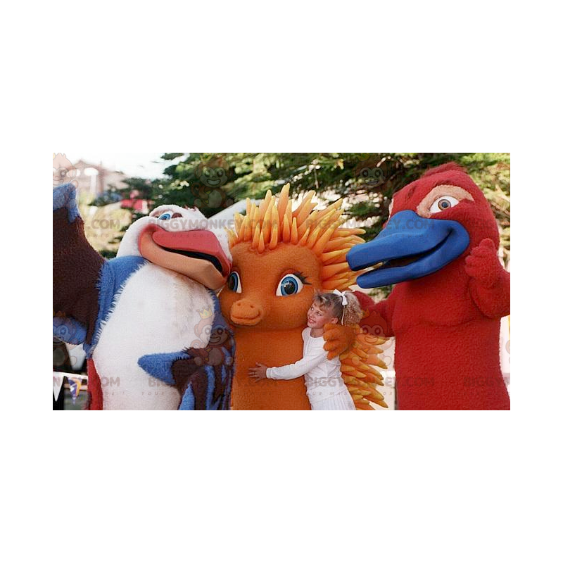 3 mascota de BIGGYMONKEY™ un pájaro un erizo naranja y una