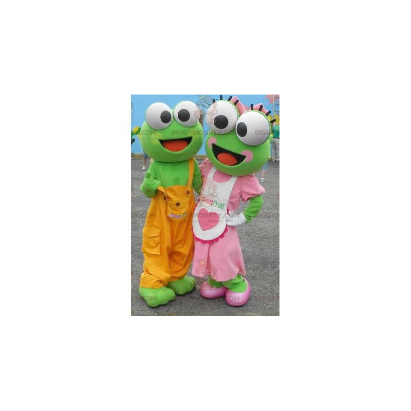Duo de mascottes BIGGYMONKEY™ de grenouilles vertes en tenue