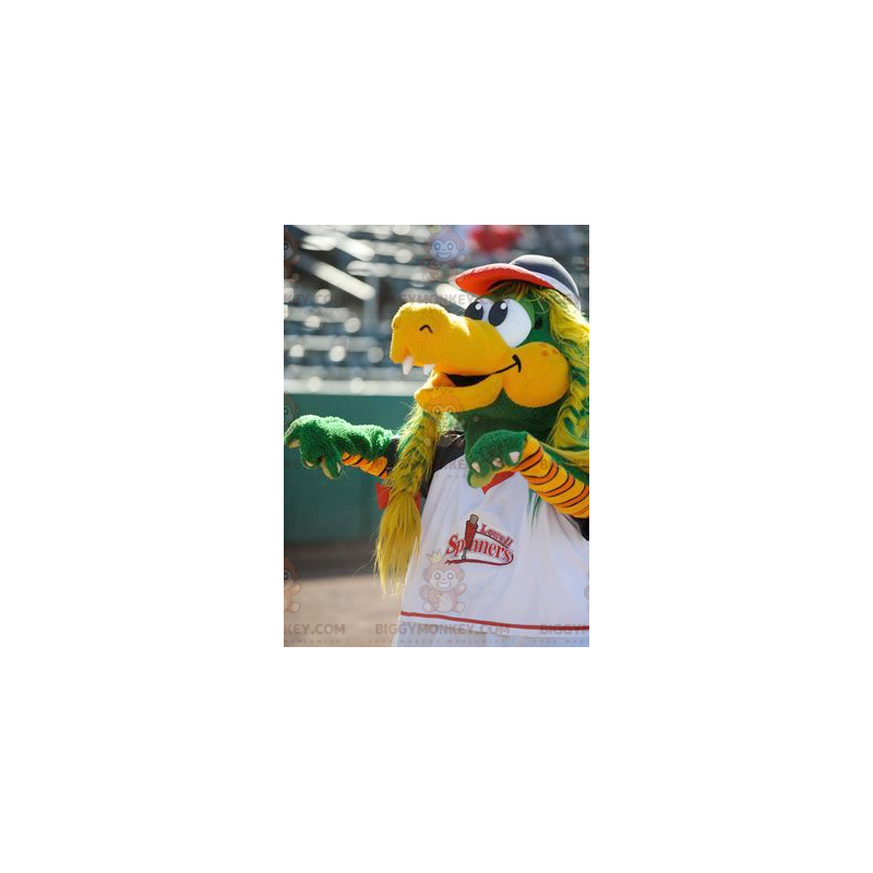 Grün-gelbes Krokodil BIGGYMONKEY™ Maskottchenkostüm mit Zöpfen