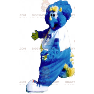 BIGGYMONKEY™ All Furry blå & gul dinosauriemaskotdräkt -