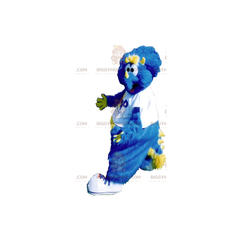 Traje de mascote de dinossauro azul e amarelo BIGGYMONKEY™ todo