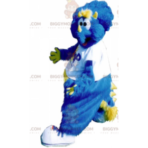 BIGGYMONKEY™ All Furry blå & gul dinosauriemaskotdräkt -