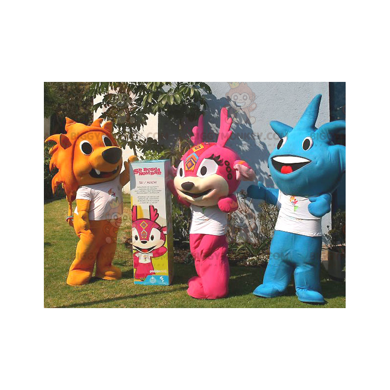 3 mascotes BIGGYMONKEY™s de personagens coloridos e sorridentes