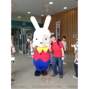 BIGGYMONKEY™ Maskottchen-Kostüm Weißes Kaninchen in rot-blauem