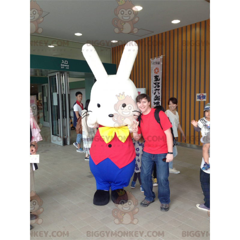 BIGGYMONKEY™ Mascot Costume White Rabbit in Red and Blue Outfit