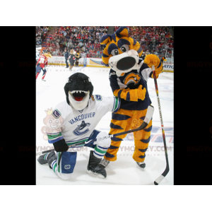 2 mascote do BIGGYMONKEY™ um tigre amarelo e azul e uma orca um