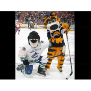 2 mascot BIGGYMONKEY™s a yellow and blue tiger and an orca a