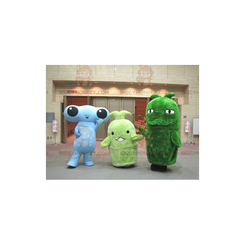 3 BIGGYMONKEY's mascotte een blauwe alien en twee groene