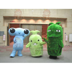 3 mascotes do BIGGYMONKEY™, um alienígena azul e dois mascotes