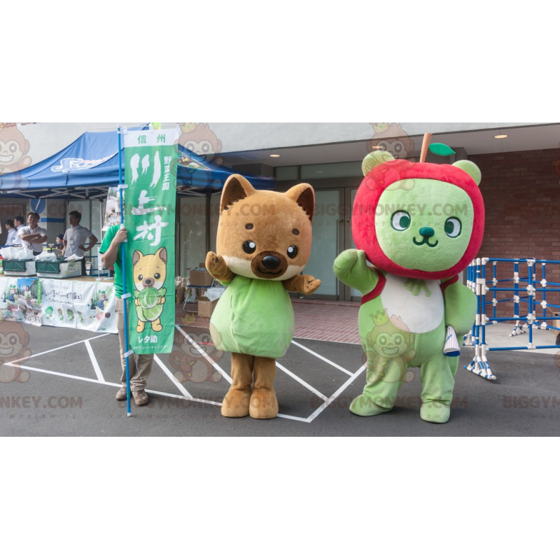 2 BIGGYMONKEY's mascotte een bruine vos en een groene beer met