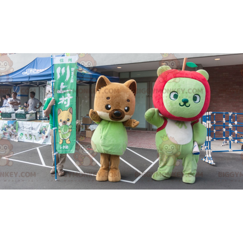 2 BIGGYMONKEY™s maskot en brun ræv og en grøn bjørn med et æble