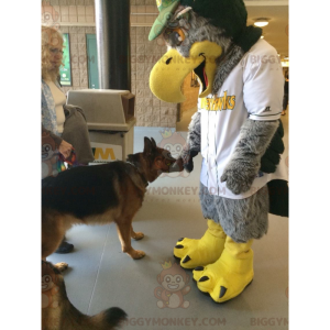 Todo el disfraz de mascota Águila gris peluda y amarilla