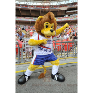 BIGGYMONKEY™ μασκότ στολή καφέ και κίτρινο λιοντάρι με αθλητικά