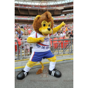 BIGGYMONKEY™ maskotkostume Brun og gul løve i sportstøj -