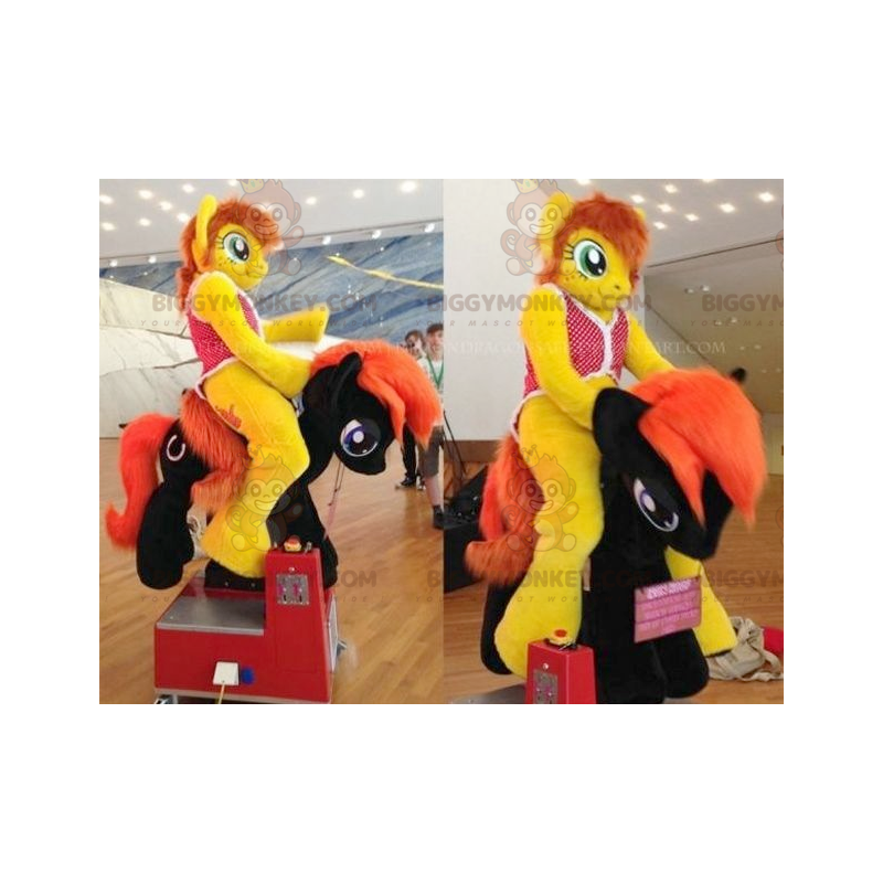 BIGGYMONKEY™ mascottekostuum gele en rode pony met blauwe ogen