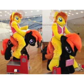 Costume de mascotte BIGGYMONKEY™ de poney jaune et rouge aux