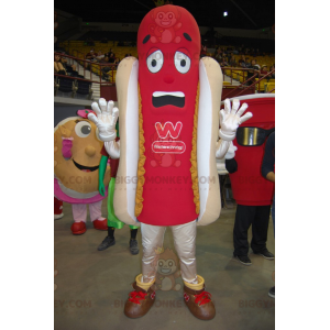 Czerwony podpalany kostium maskotka gigantyczny hot dog