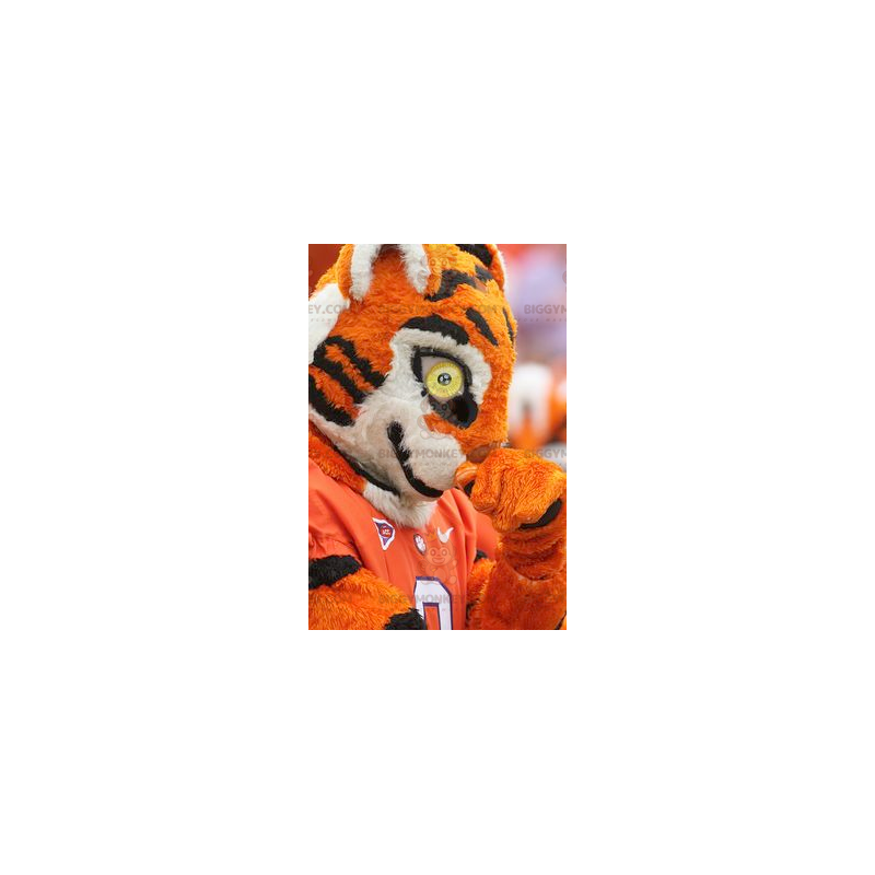 Traje de mascote BIGGYMONKEY™ preto e branco laranja tigre em