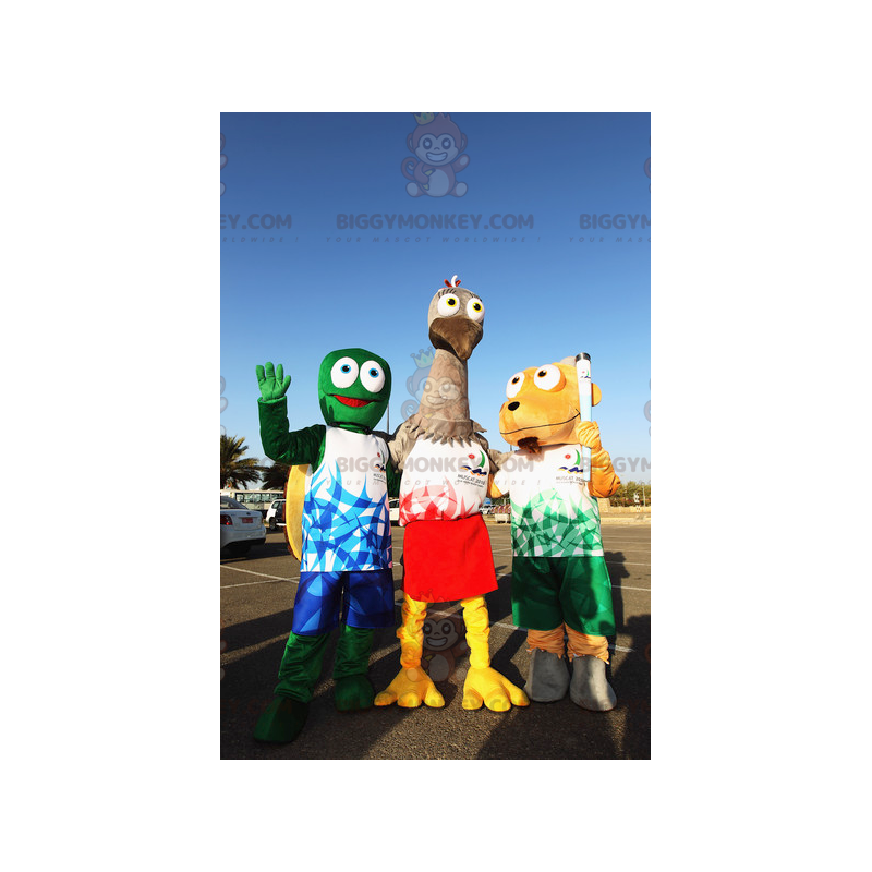3 maskotka BIGGYMONKEY™ zielony żółw szary struś i pies -