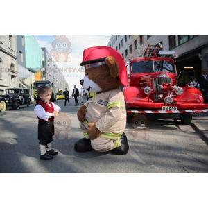 BIGGYMONKEY™ Big Brown Teddy Bear Mascot Costume In Firefighter