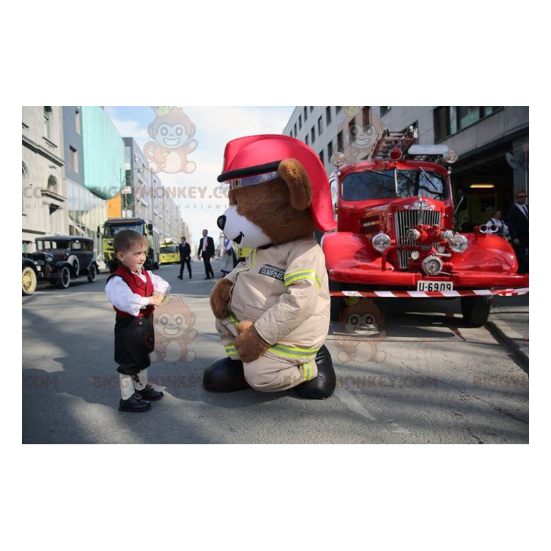 Kostým maskota velkého hnědého medvídka BIGGYMONKEY™ v hasičské