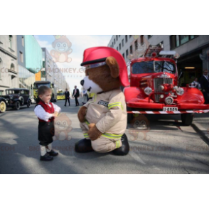 BIGGYMONKEY™ Big Brown Teddy Bear Mascot Costume In Firefighter