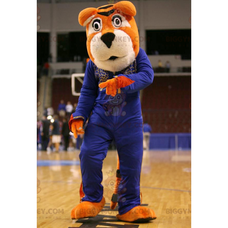 Kostým oranžovobílého tygra BIGGYMONKEY™ maskota v modrém
