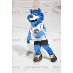 Kostým maskota modrobílé kočky BIGGYMONKEY™ ve sportovním