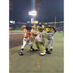 3 Maskot BIGGYMONKEY™ oranžová kočka, mimozemšťan a myš –